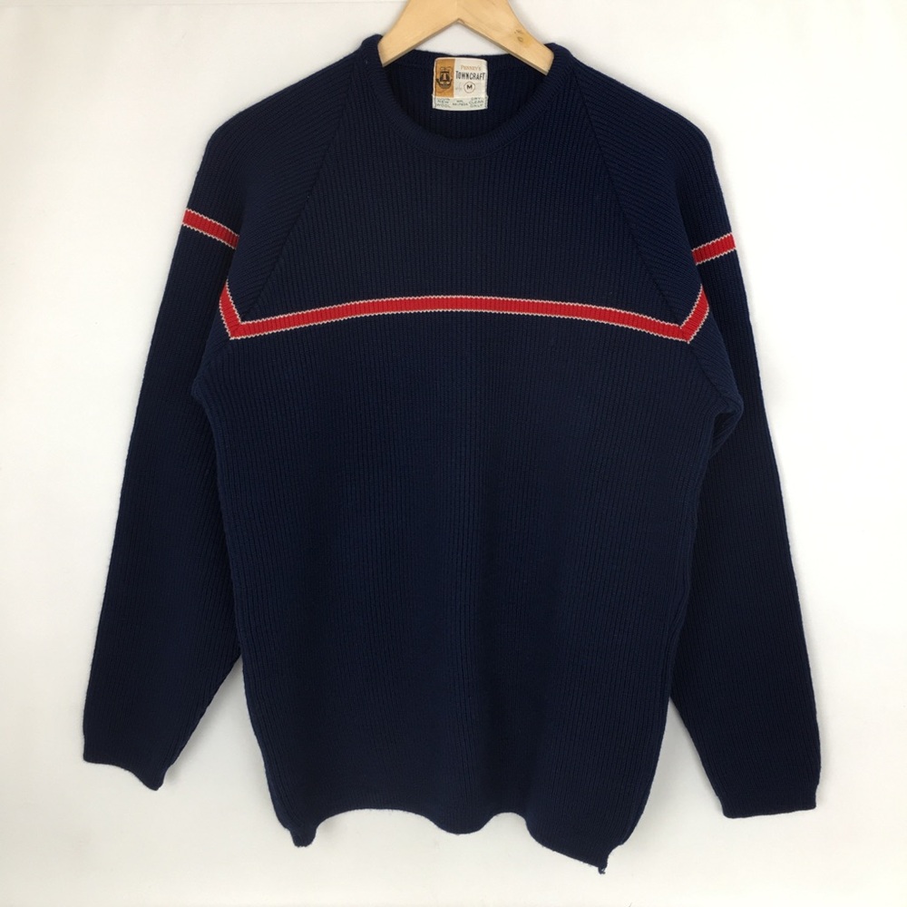 Vintage Penny’s Towncraft Wool Sweater Thick Ribbed Knit Blue Red Strip Size M